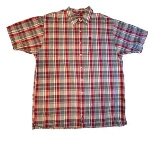 Shady LTD Mens Plaid Short Sleeve Button Up Shirt Red Logo Size 3XL Vintage Y2K